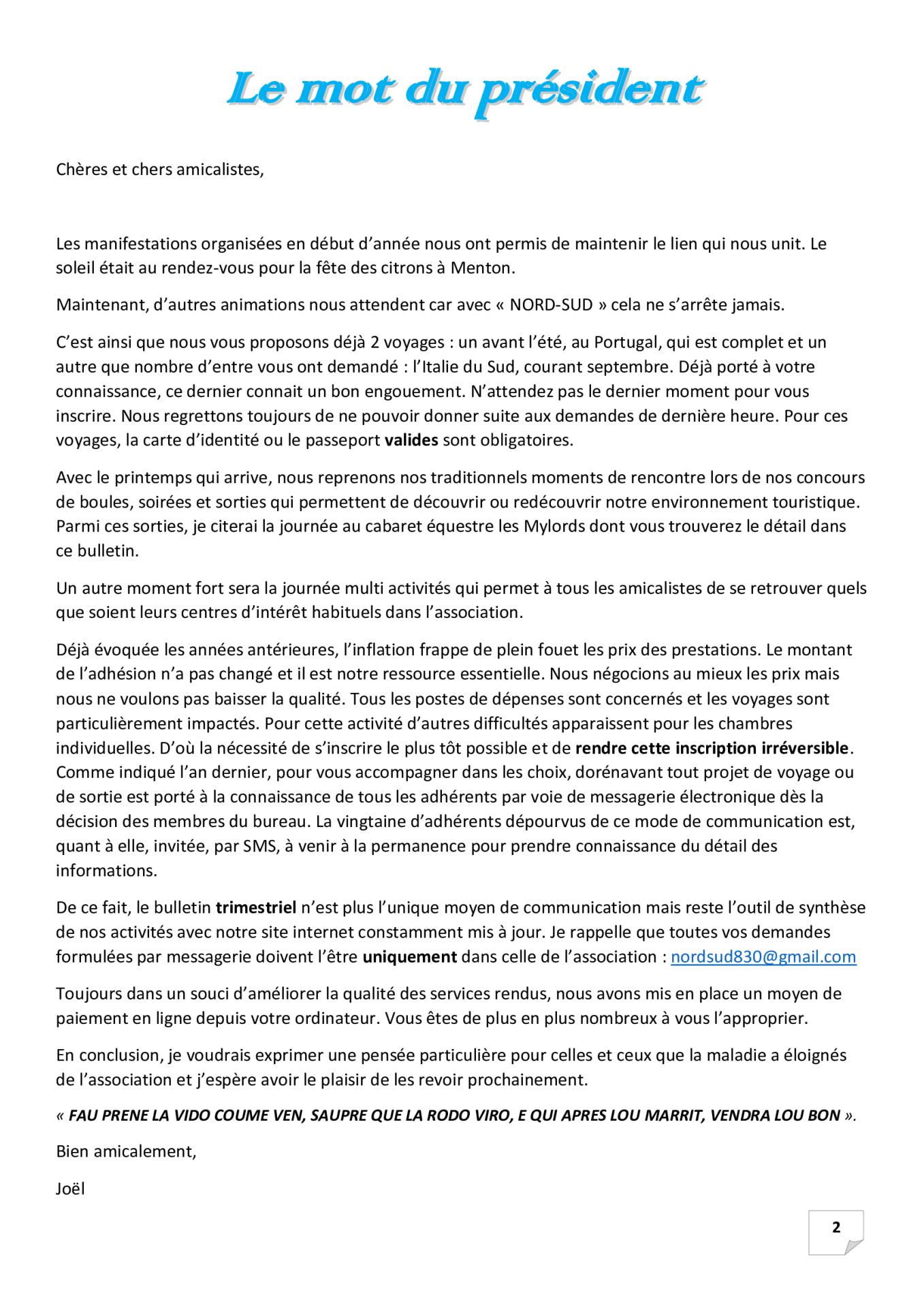 P 2 le mot du president 2eme trimestre 2025