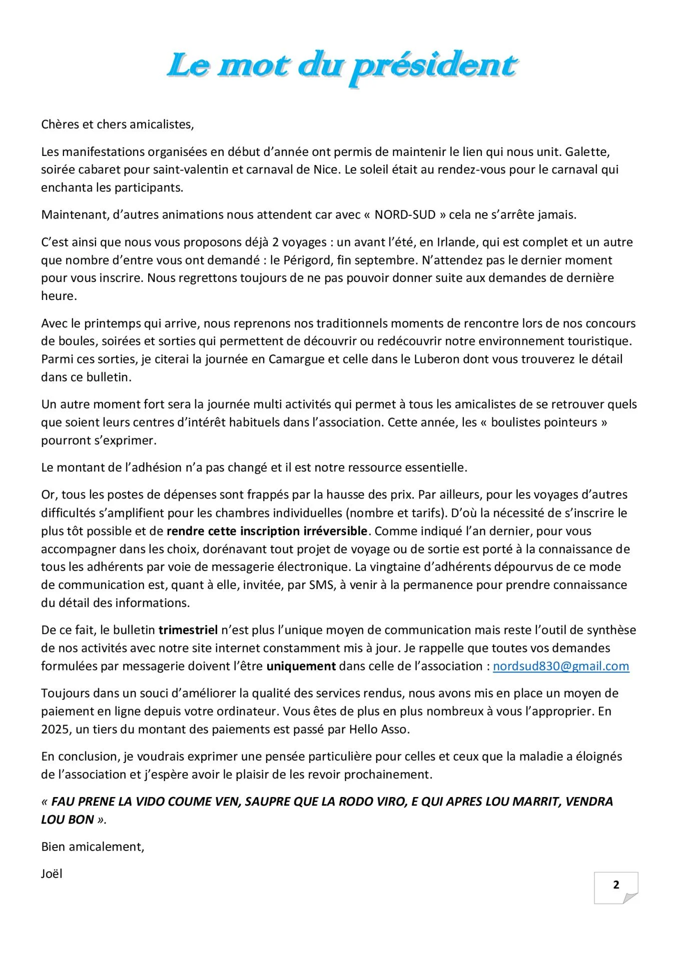 P 2 le mot du president 2eme trimestre 2026