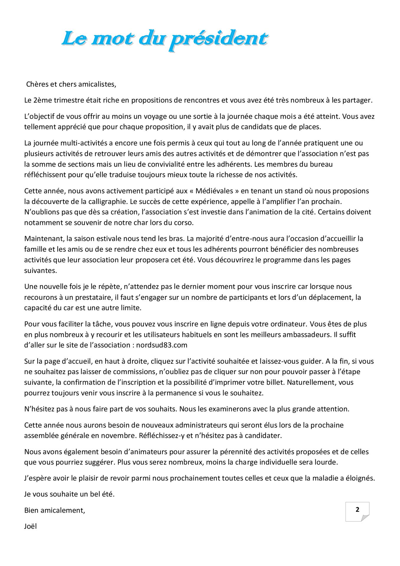 P 2 le mot du president 3eme trimestre 2025