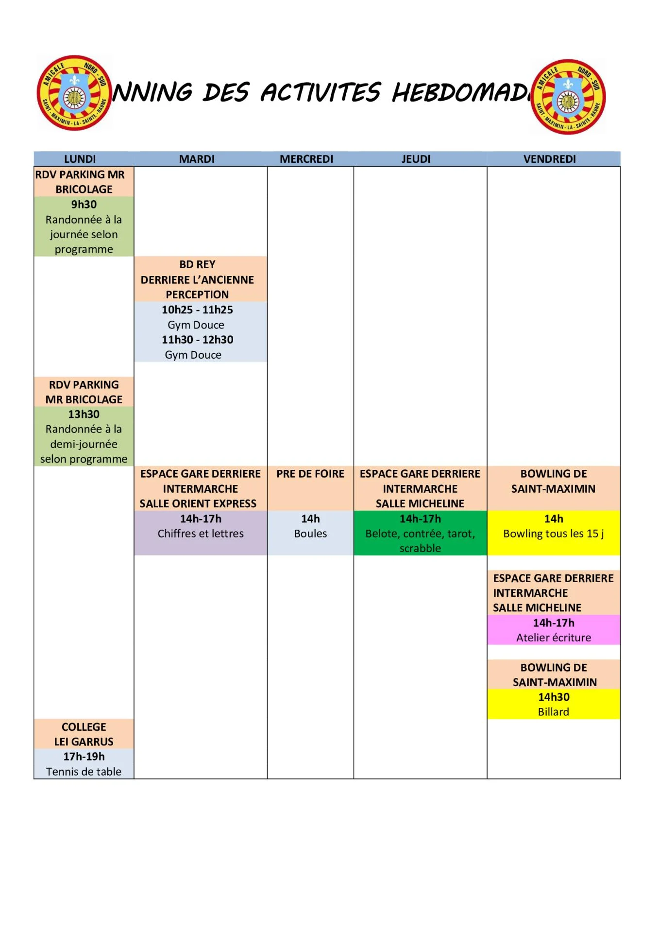 Planning des activites hebdomadaires 5